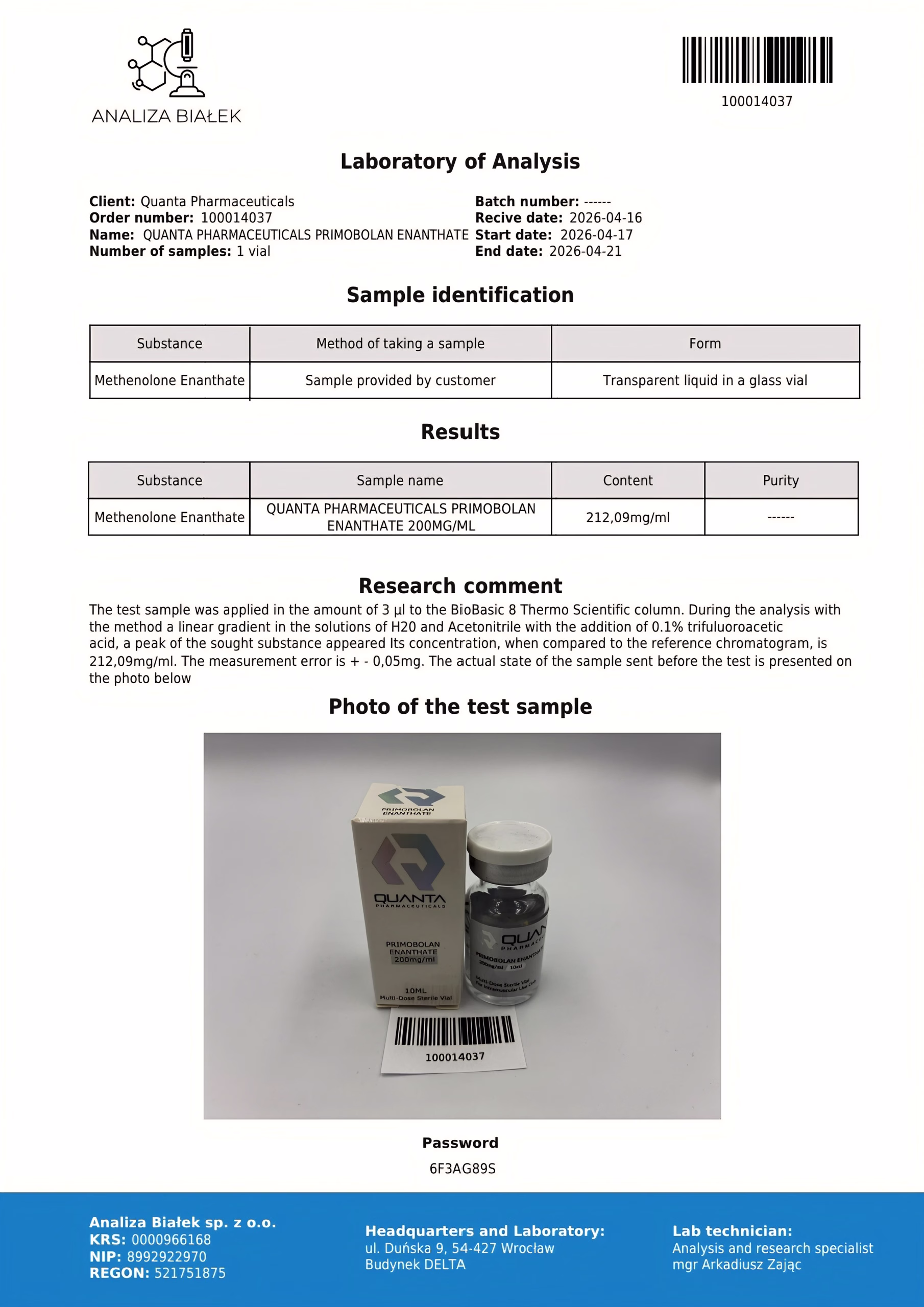 quanta pharma 200mg primobolan lab test result